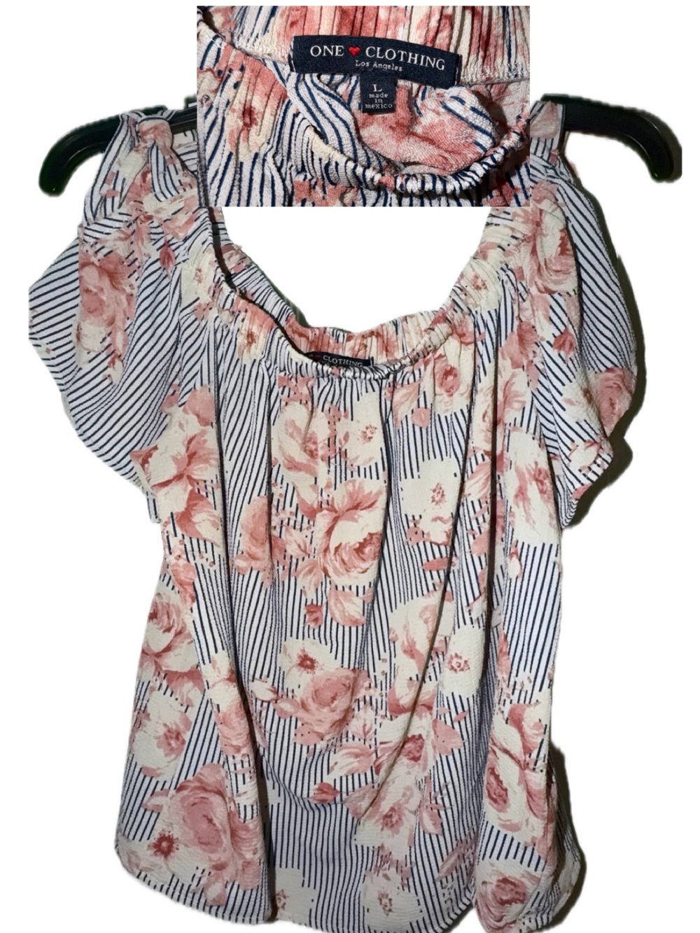 one clothing Cream Navy Floral Stripe Off-Shoulder Top
